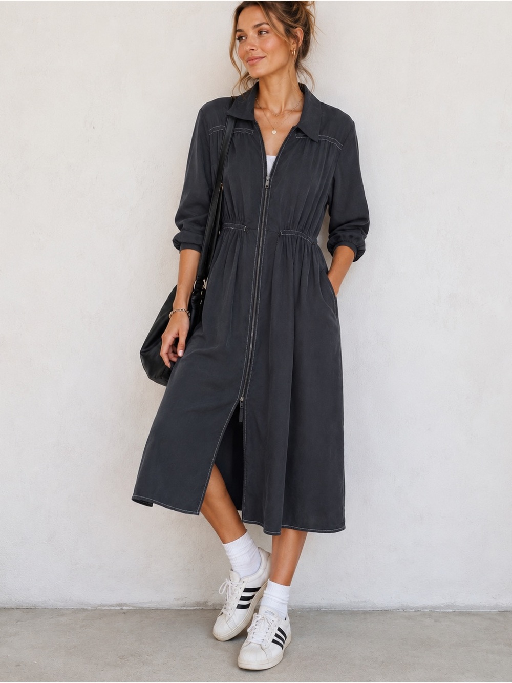 Topshop Zip Front Midi Dress US 10 Charcoal Gray Utility Dress Drawstring Waist